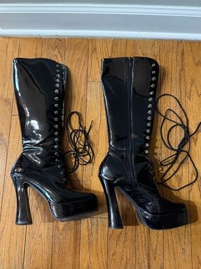 Spirit Black Patent Lace-Up Platform Knee Boots